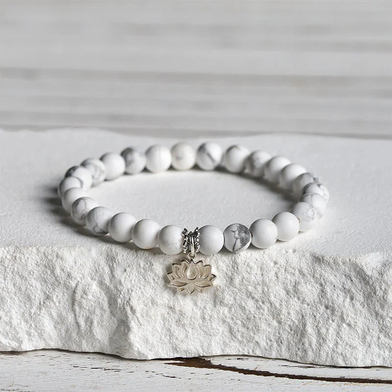 Buddha Stones 925 Sterling Silver Lotus Design Natural White Turquoise Wealth Bracelet