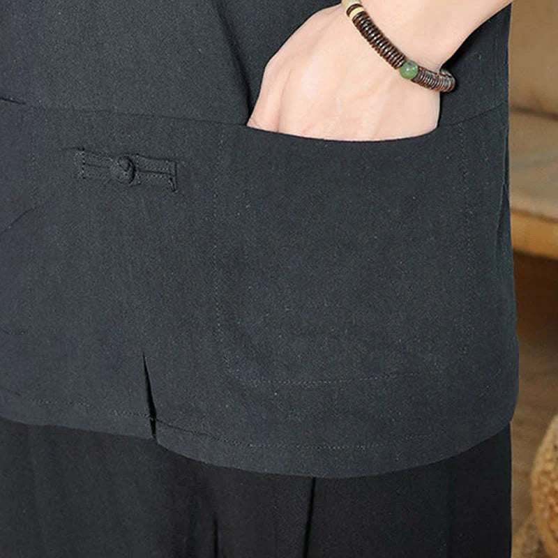 Buddha Stones Frog-Button Chinese Tang Suit Three Quarter Sleeve Cotton Linen Men's Shirt