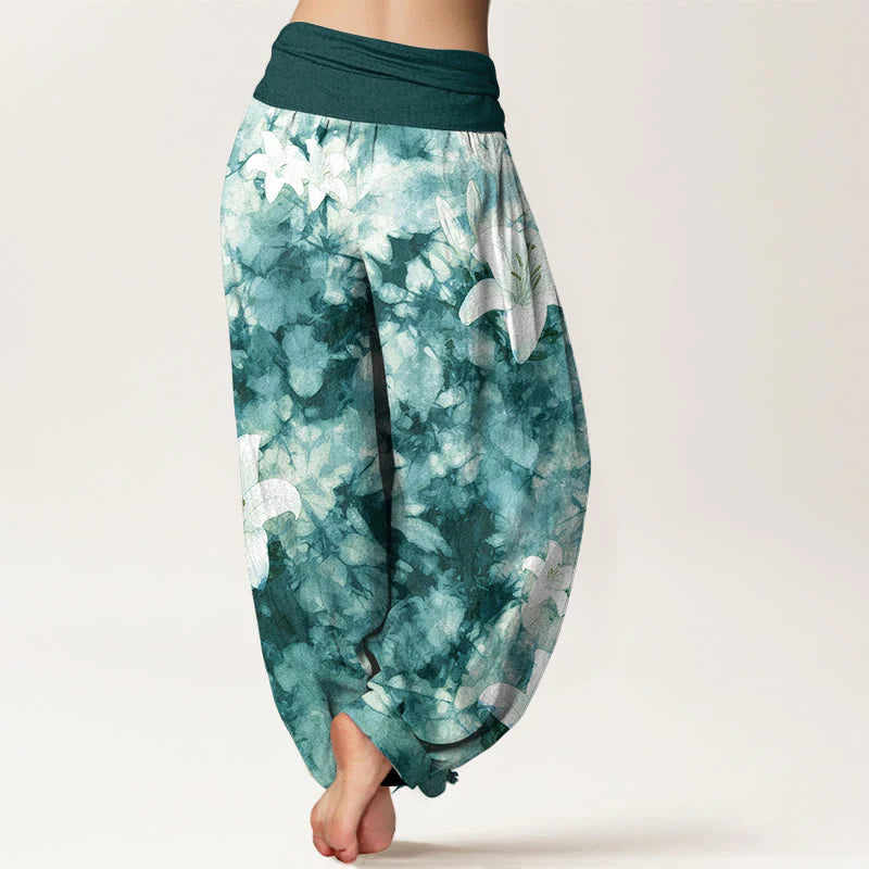 Buddha Stones Pure Cotton Watercolor Style Lily Pattern Women's Elastic Waist Harem Pants