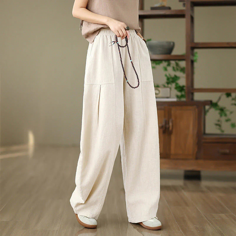 Buddha Stones Solid Color Cotton Linen Women's Straight Leg Pants With Pockets