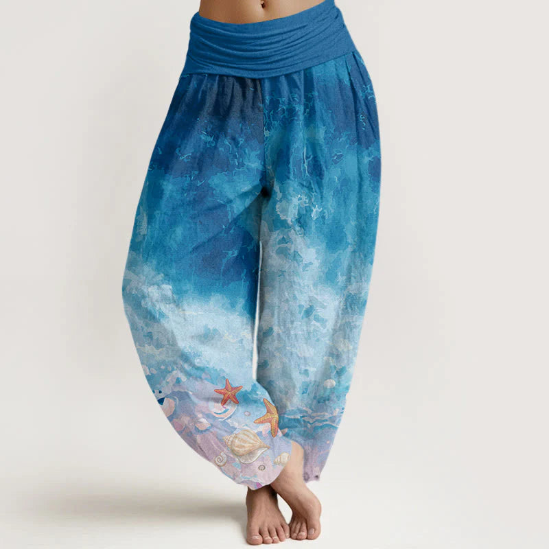 Buddha Stones Cotton Vast Ocean Pattern Women's Elastic Waist Harem Pants