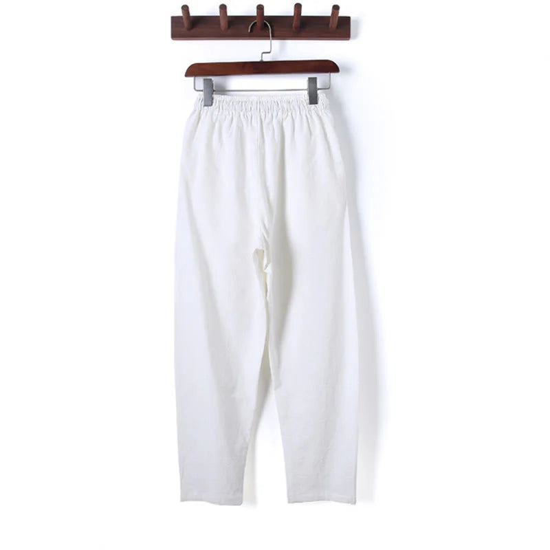 Buddha Stones 2Pcs Solid Color Men's Frog-Button Long Sleeve Cotton Shirt Pants Set With Pockets
