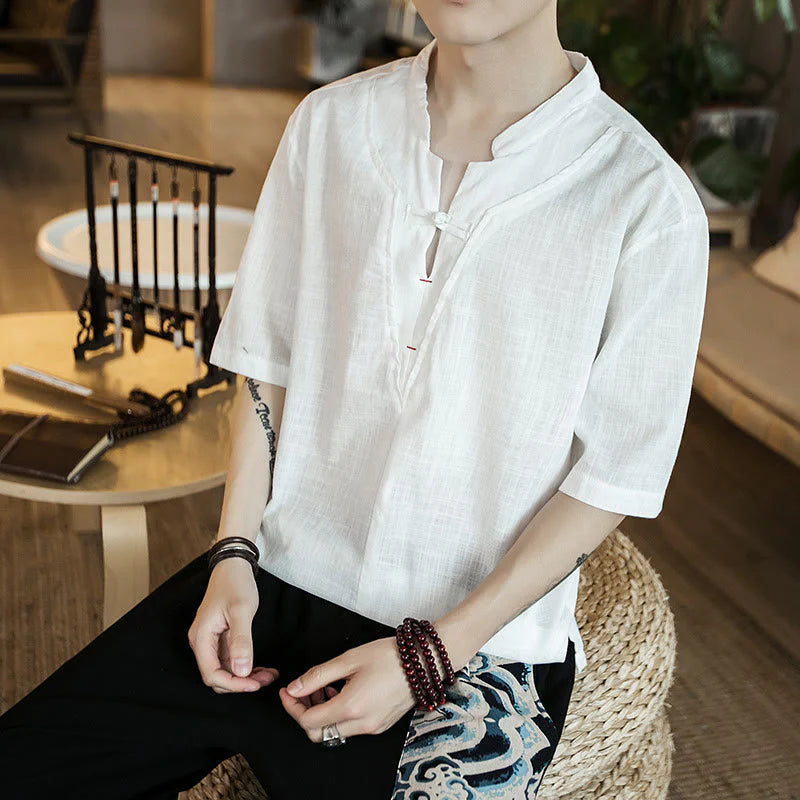 Buddha Stones Summer Plain Color Frog-Button Notched Neck Men's Half Sleeve Cotton Shirt