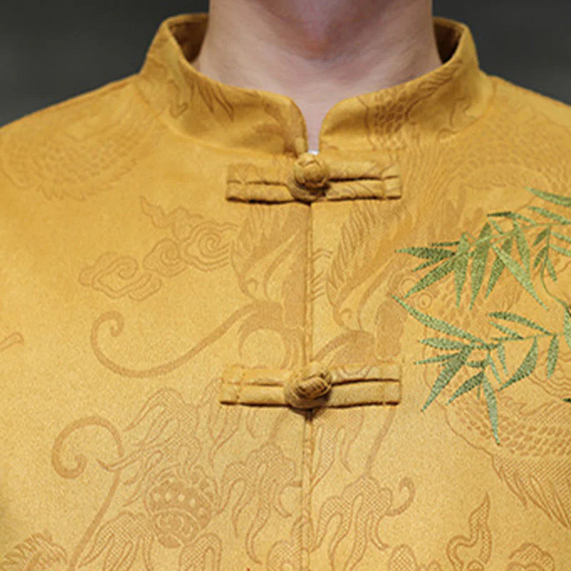 Buddha Stones 2Pcs Spring Dragon Bamboo Clouds Men's Tang Suit Frog-Button Cotton Long Sleeve Jacket Pants Set With Pockets