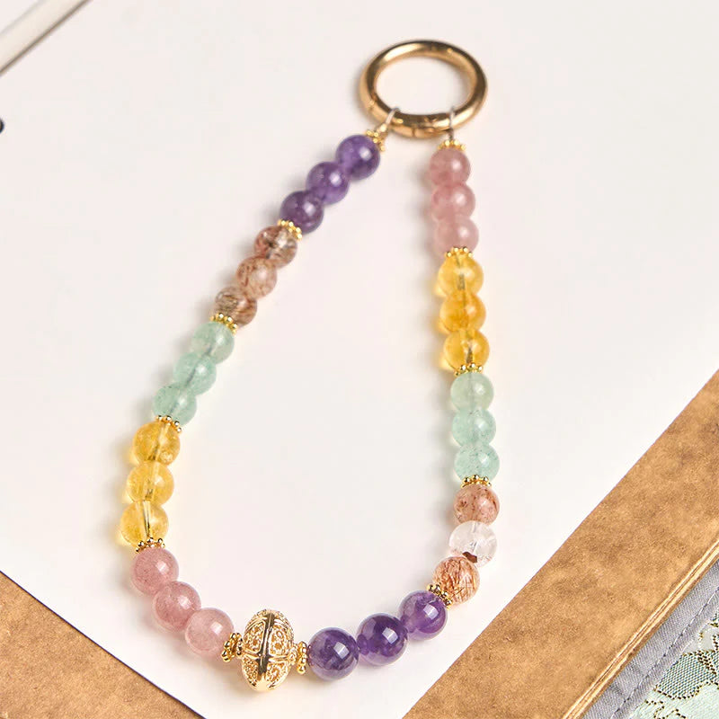 Buddha Stones 8mm Multicolored Amethyst Strawberry Quartz Balance Key Chain Phone Hanging Decoration