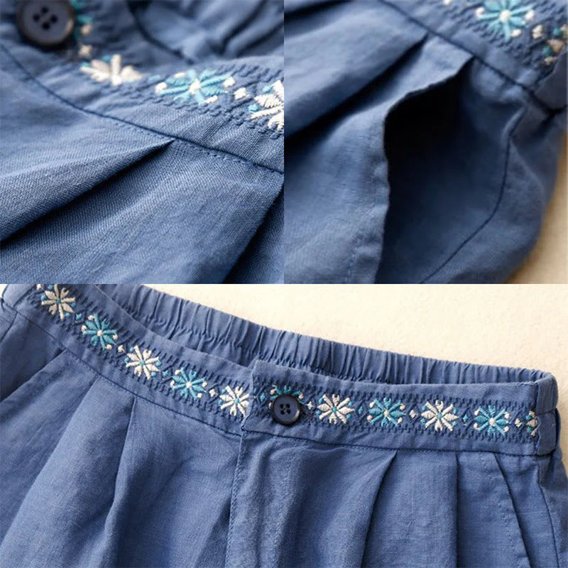 Buddha Stones Summer Casual Embroidery Flower Pleated Zipper Button Cotton Linen Women's Shorts With Pockets