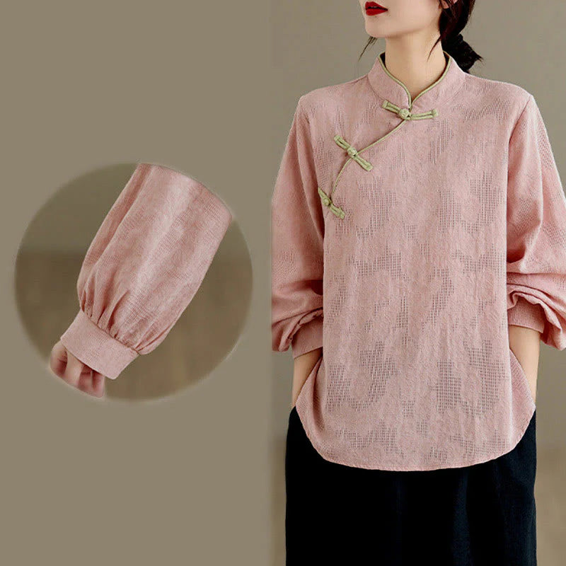 Buddha Stones Spring Traditional Floral Frog-Button Stand Collar Long Sleeve Women's Cotton Shirt