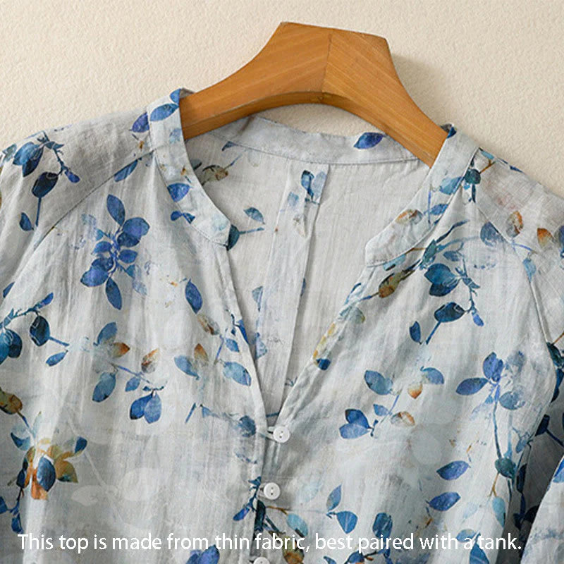 Buddha Stones Blue Floral V-Neck Three Quarter Sleeve Women's Cotton Shirt