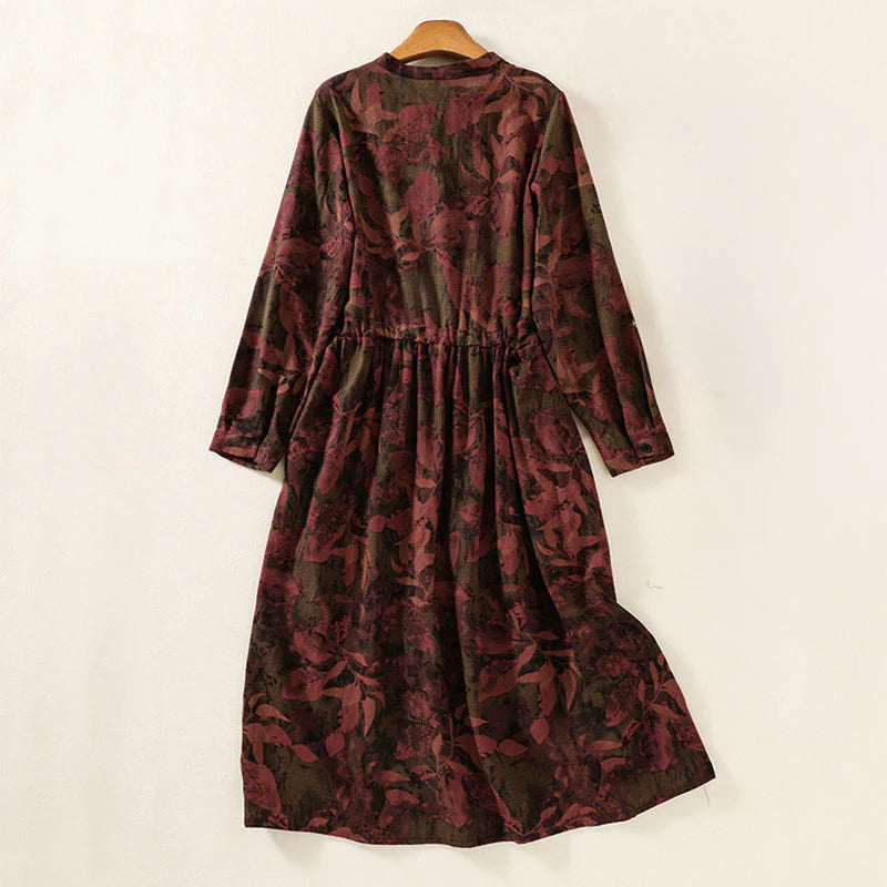 Buddha Stones Casual Flower Printed Pattern Buttons Design Long Sleeve Midi Dress With Pockets