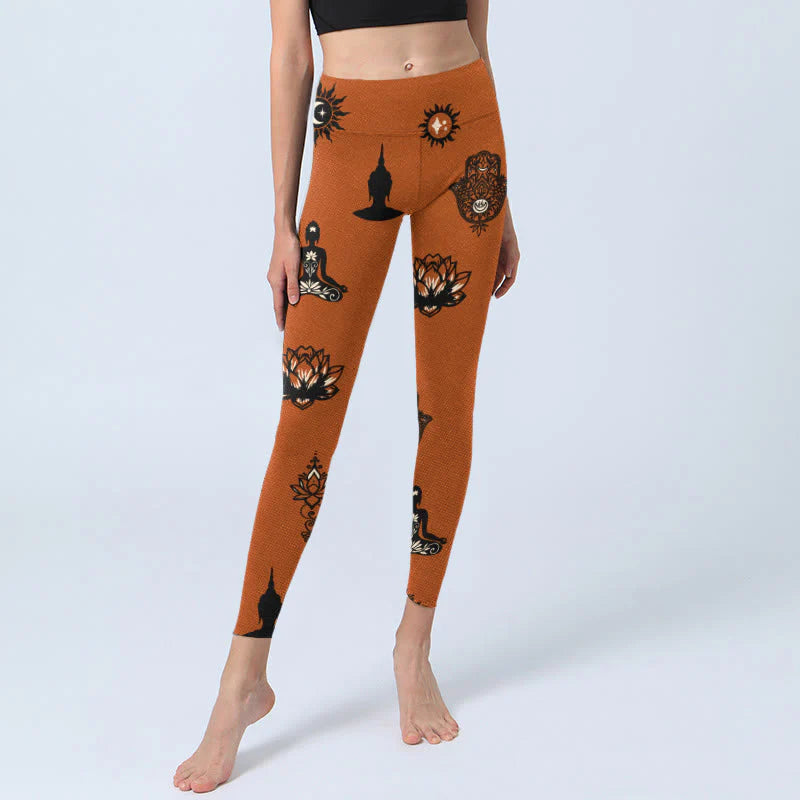 Buddha Stones Hamsa Hand Lotus Sun Pattern Gym Leggings Women's Yoga Pants