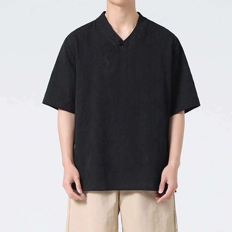 Buddha Stones Ethnic Distressed Jacquard Frog-Button Men's Stand Collar Half Sleeve Cotton Linen Shirt Tai Chi Clothes