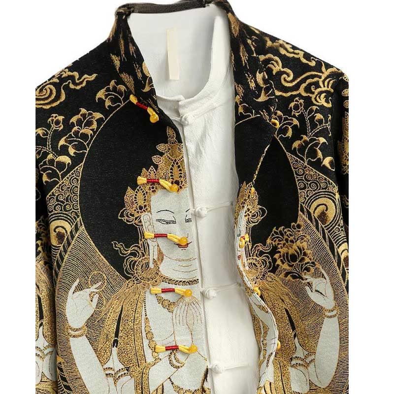 Buddha Stones Avalokitesvara Guanyin Frog-Button Long Sleeve Men's Jacket