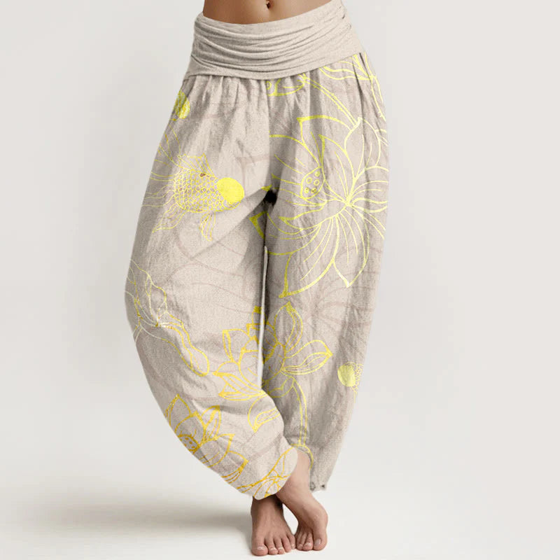 Buddha Stones Pure Cotton Lotus Leaf Koi Fish Women's Elastic Waist Harem Pants