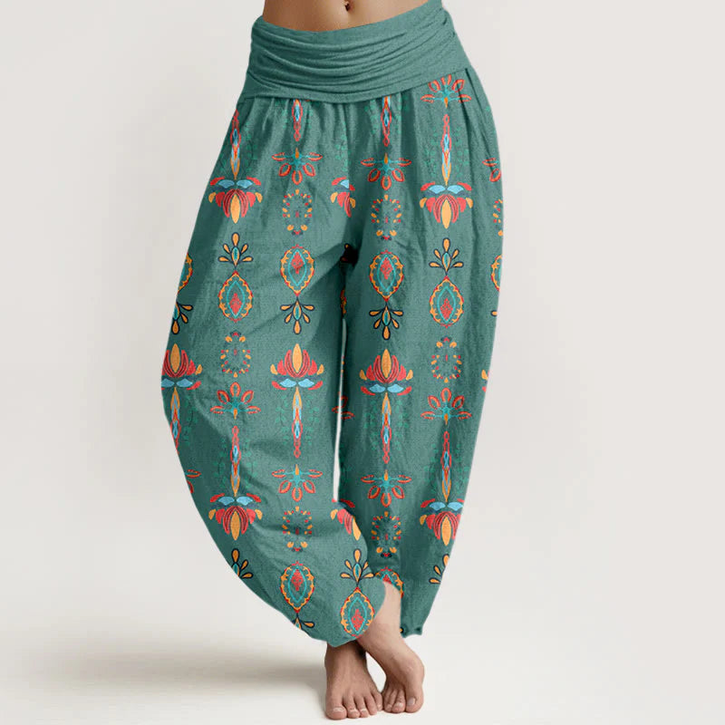 Buddha Stones Pure Cotton Colorful Lotus Flowers Green Leaves Geometric Women's Elastic Waist Harem Pants