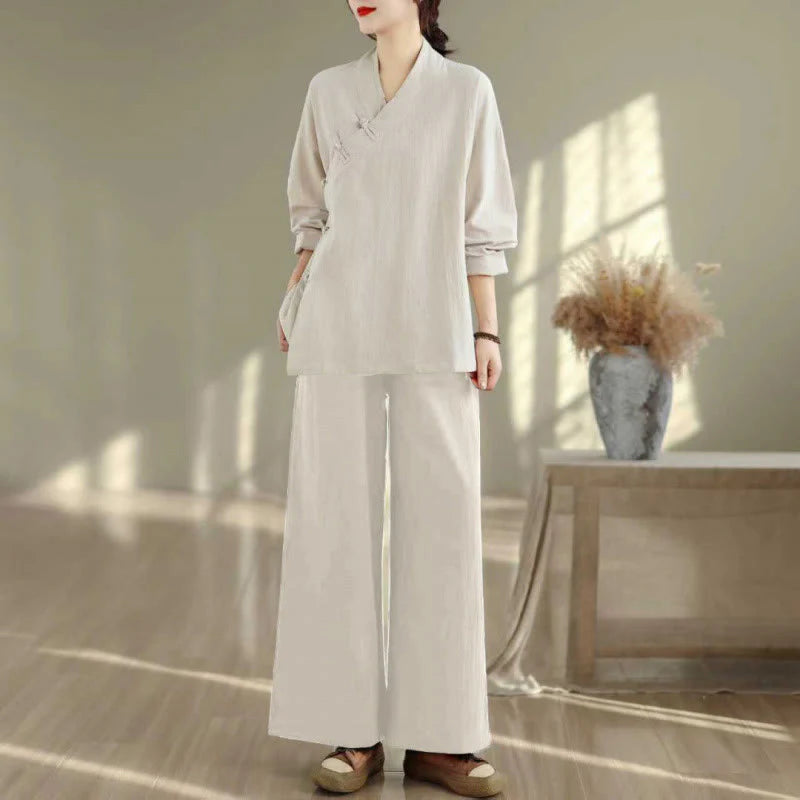 Buddha Stones 2Pcs V-Neck Long Sleeve Shirt Wide Leg Pants Zen Meditation Women's Set