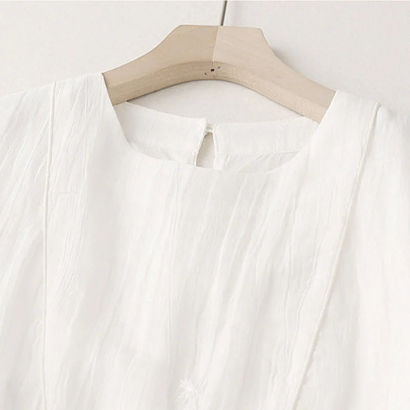Buddha Stones Commute Solid Color Embroidery Double Layer Crew Neck Long Sleeve Cotton Midi Dress