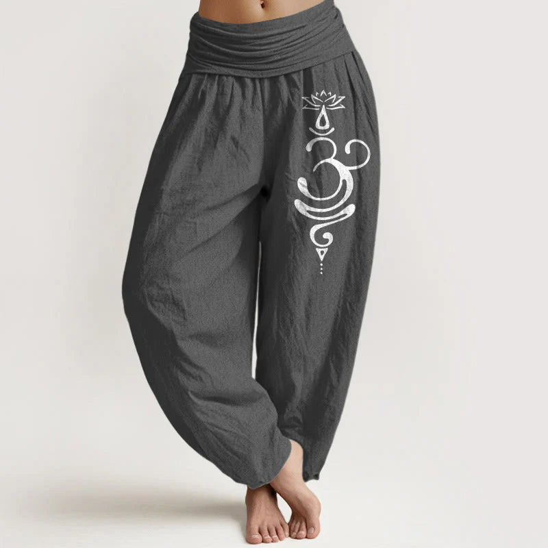 Buddha Stones Lotus Flower Unalome Symbol Pattern Pure Cotton Women's Elastic Waist Harem Pants