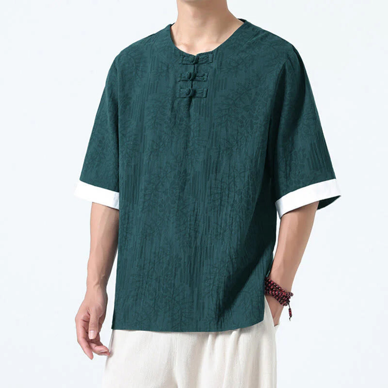 Buddha Stones Summer Flowers Grass Pattern Tang Suit Men's Frog-Button Half Sleeve Cotton Shirt