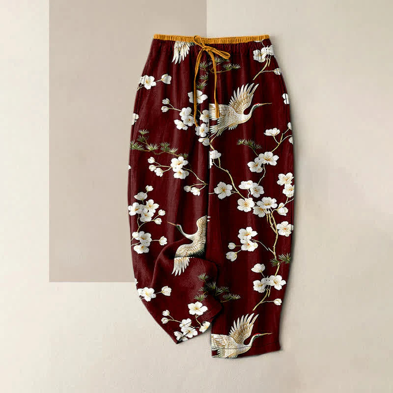 Buddha Stones Pure Cotton Crane Plum Blossom Elastic Waist Women's Pants With Pockets