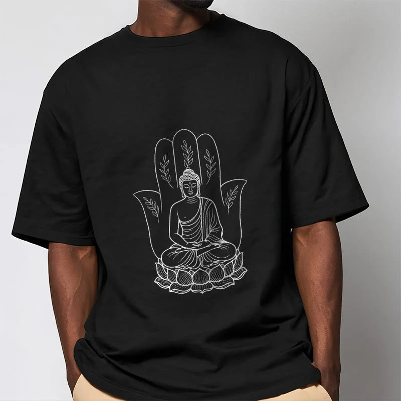 Buddha Stones Meditating Buddha Seated Hand Leaves Lotus Base Tee T-shirt
