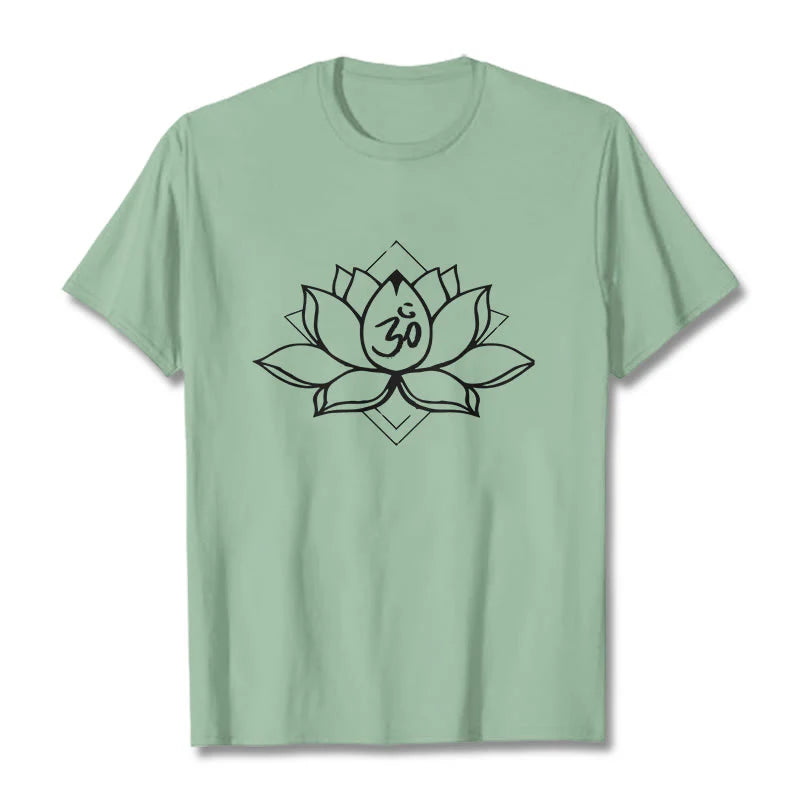 Buddha Stones Blooming Lotus Om Sanskrit Pattern Cotton Tee T-shirt