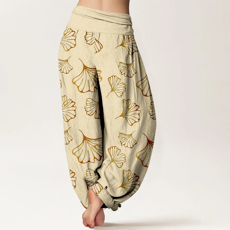 Buddha Stones Pure Cotton Minimalist Style Ginkgo Leaves Pattern Women's Elastic Waist Harem Pants