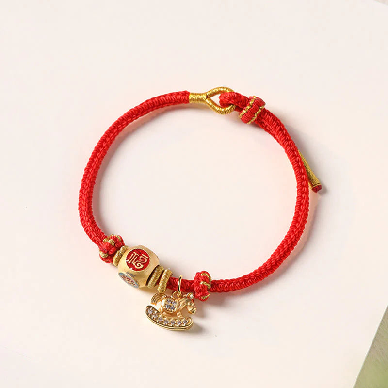 Buddha Stones Year Of The Horse Copper Red String Fu Character Lotus Luck Bracelet