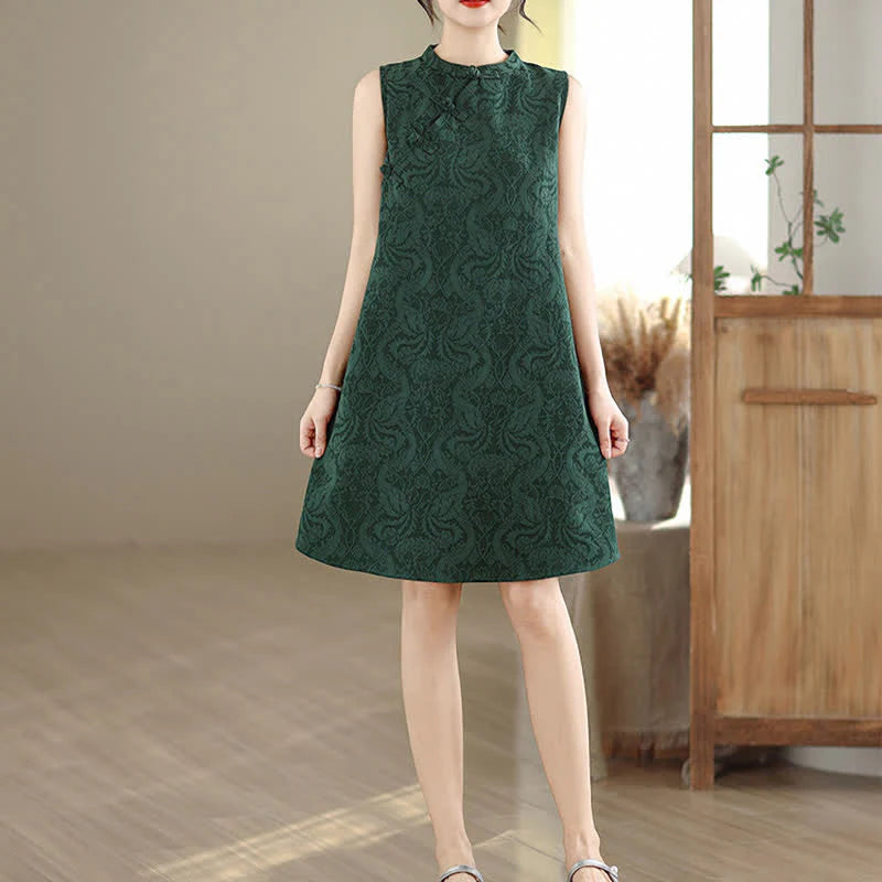 Buddha Stones Mandarin Collar Frog-button Jacquard Pattern Sleeveless Cotton Mini Dress With Pockets