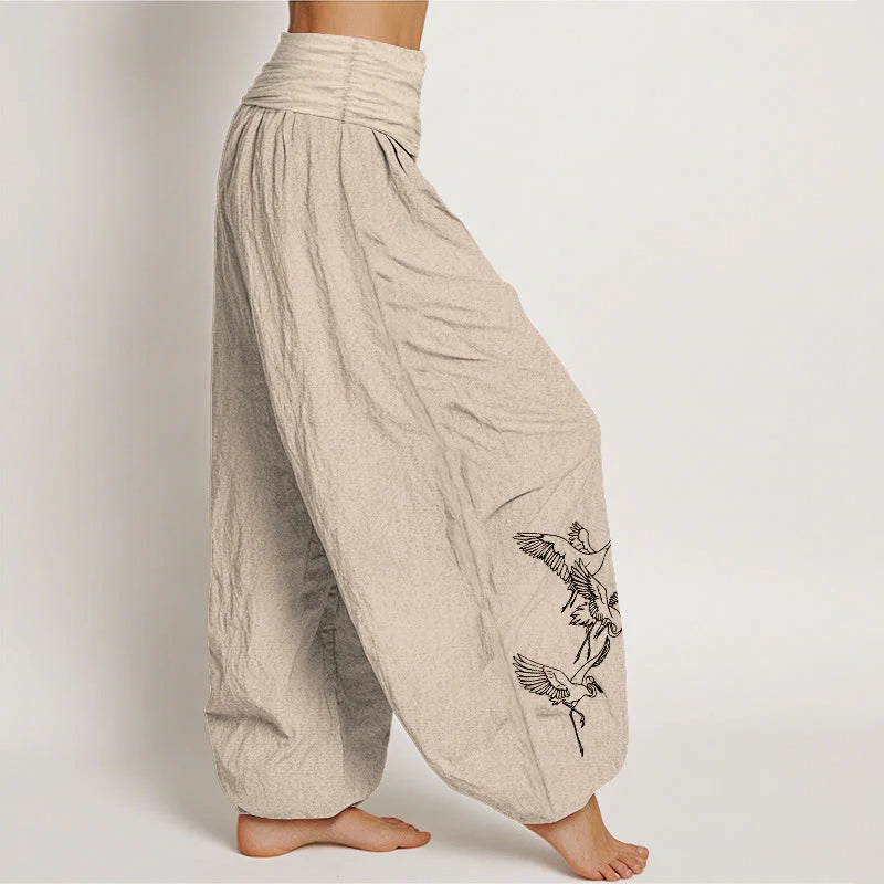 Buddha Stones Flying Crane Pattern Women's Elastic Waist Harem Cotton Pants