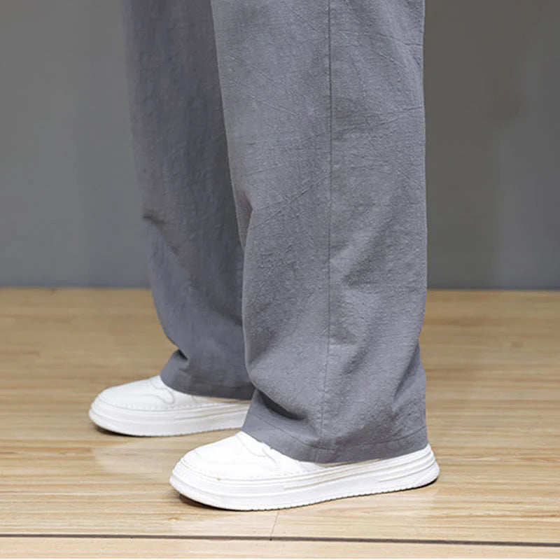Buddha Stones Summer Men's Cotton Linen Straight Leg Pants With Pockets