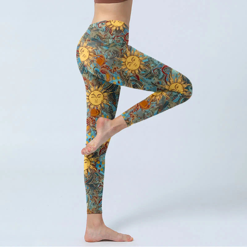 Buddha Stones Golden Personified Sun Pattern Print Gym Leggings Women's Yoga Pants