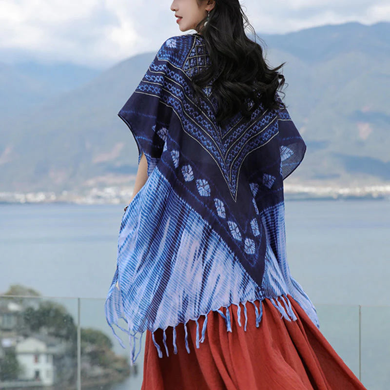 Buddha Stones Blue Triangle Stripes Batik Shawl Soft Pullover 90*95cm