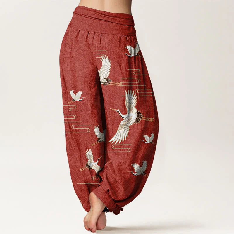 Buddha Stones Print Cranes Wave Pattern Women's Elastic Waist Harem Pure Cotton Pants