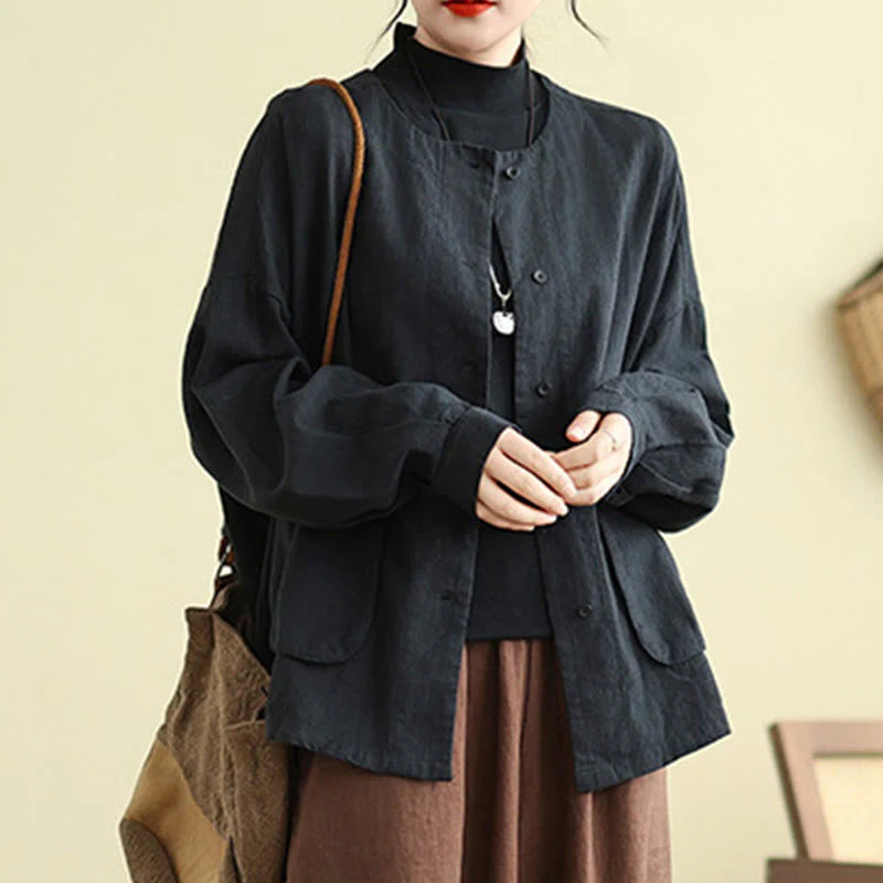 Buddha Stones Plain Design Long Sleeve Women's Cotton Linen Jacket With Pockets