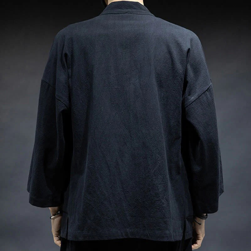 Buddha Stones Solid Color Lace-up Open Front Jacket Cotton Men's Kimono