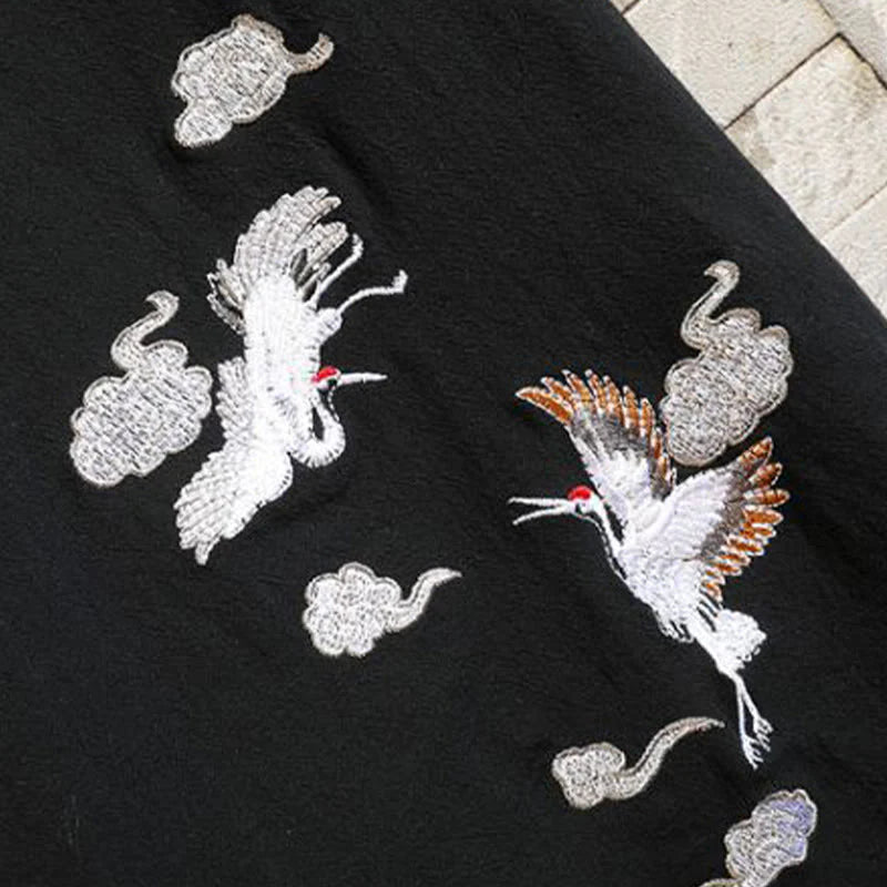 Buddha Stones Embroidered Crane Auspicious Cloud Pattern Open Front Short Sleeve Jacket Men's Cotton Kimono