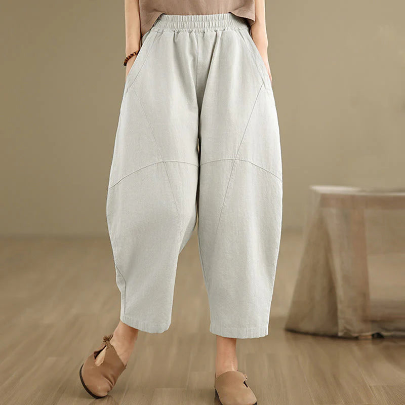 Buddha Stones Spring 7-8 Length Solid Color Women's Cotton Linen Harem Pants With Pockets