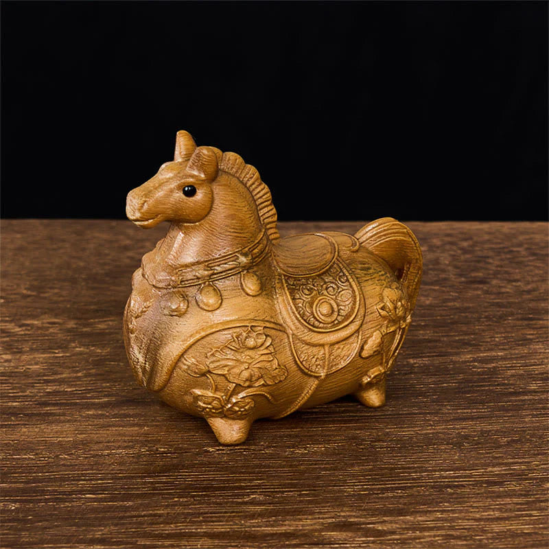 Buddha Stones Mini Year of the Horse Lotus Ebony Linden Wood Green Sandalwood Decoration 5.5*5*3.2cm