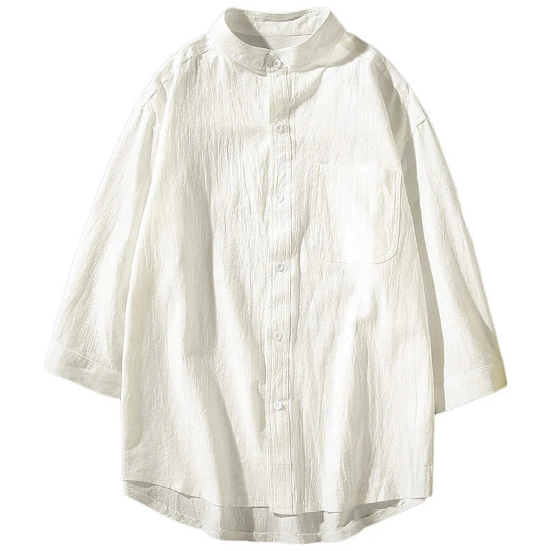 Buddha Stones Vintage Casual Plain Single Breasted Three Quarter Sleeve Men's Cotton Linen Shirt With Pocket