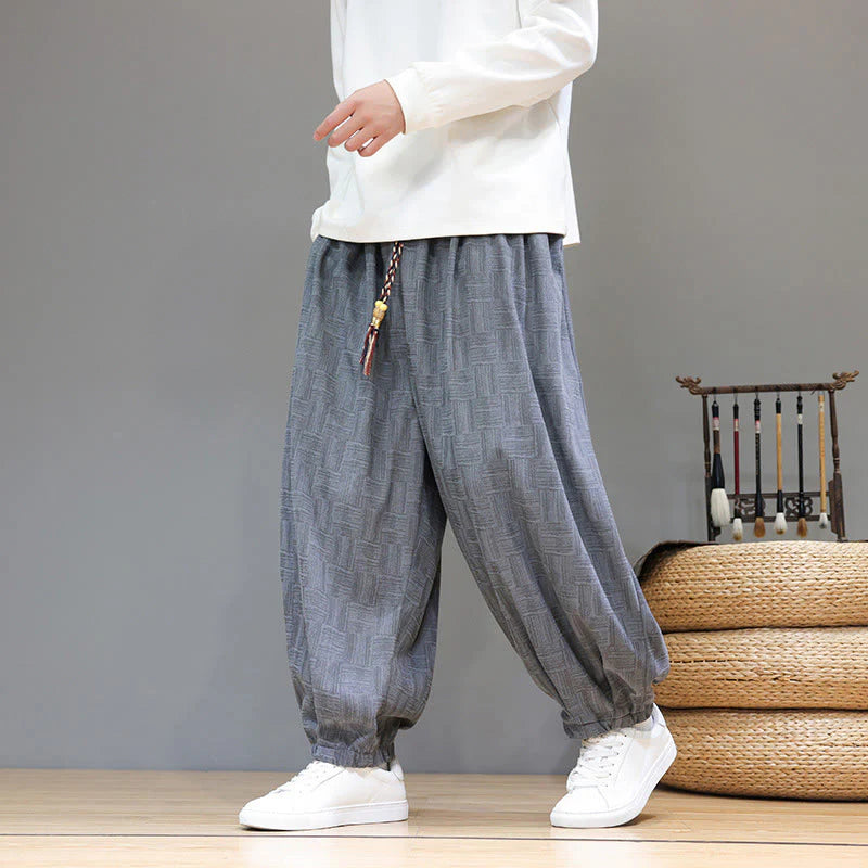 Buddha Stones Fall Jacquard Plaid Pattern Cotton Corduroy Men's Harem Pants With Pockets