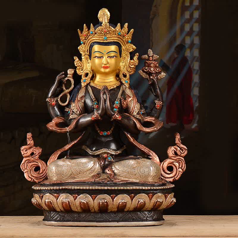 Buddha Stones Bodhisattva Chenrezig Four-armed Avalokitesvara Protection Copper Statue Decoration