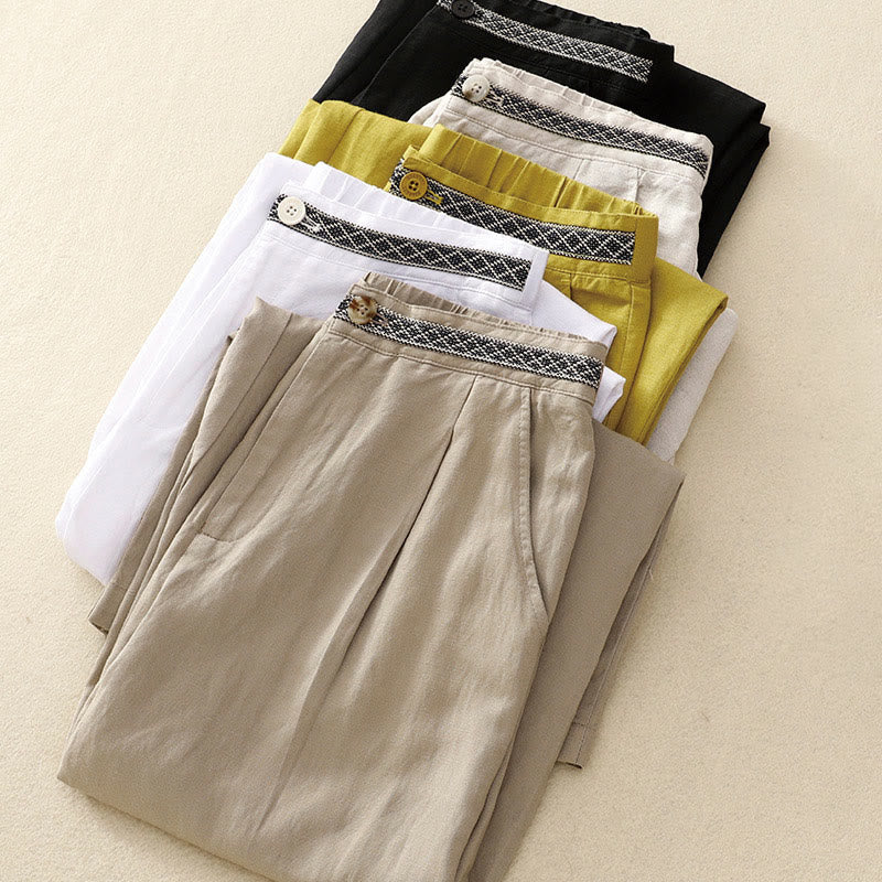 Buddha Stones Summer Plain Color 7-8 Length Cotton Linen Women's Wide Leg Pants With Pockets Zipper