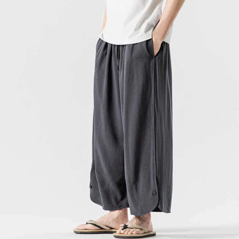 Buddha Stones Summer Plain Drawstring Design Linen Cotton Men's 7-8 Length Pants With Pockets