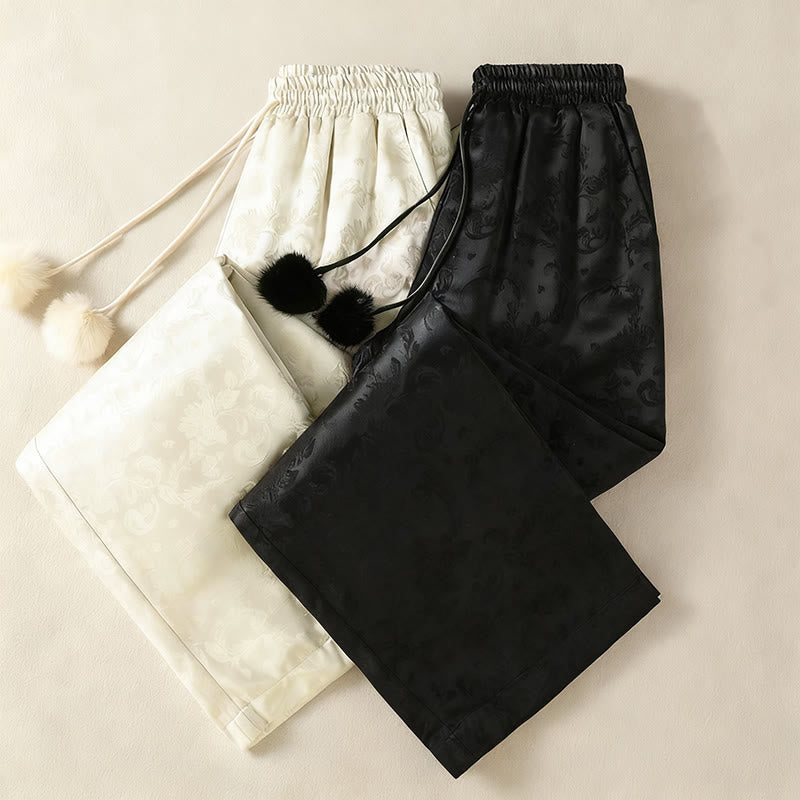 Buddha Stones Jacquard High Waist Design Women's Wide Leg Thermal Thickened Pants With Pockets
