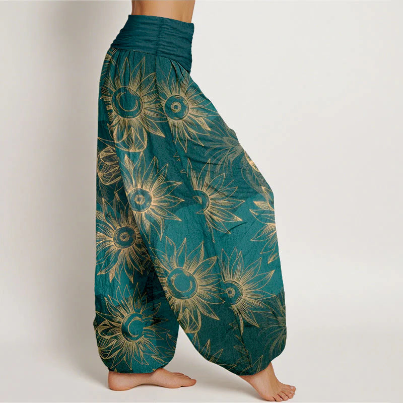 Buddha Stones Cotton Retro Print Flower Pattern Women's Elastic Waist Harem Pants