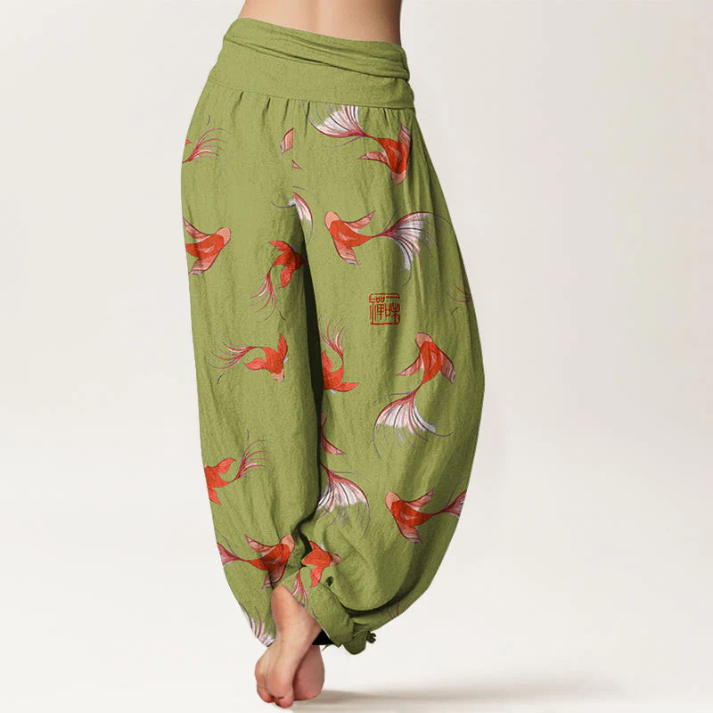 Buddha Stones Print Pure Cotton Koi Fish Pattern Women's Elastic Waist Harem Pants