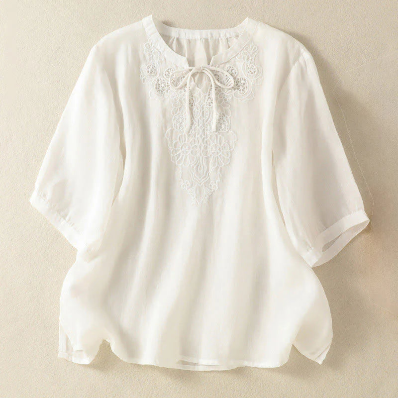 Buddha Stones Summer Embroidery Flower Lace-up Design Notched Collar Women's Short Sleeve Shirt