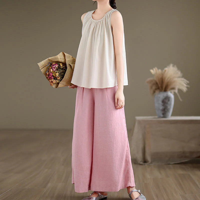 Buddha Stones Summer Artistic Solid Color Pleated Crew Neck Design Women's Cotton Linen  Vest