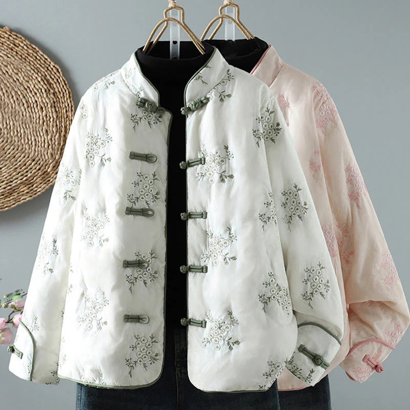 Buddha Stones Women's Embroidery Frog-button Long Sleeve Thicken Jacket With Pockets