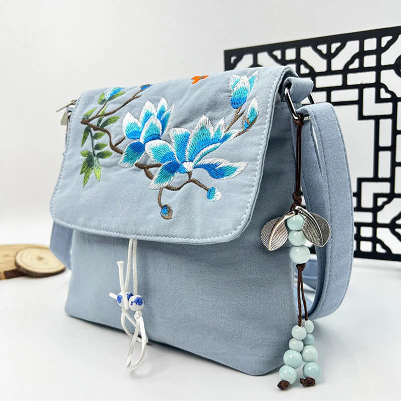 Buddha Stones Embroidered Camellia Epiphyllum Gardenia Sakura Flowers Crossbody Bag Shoulder Bag Cellphone Bag